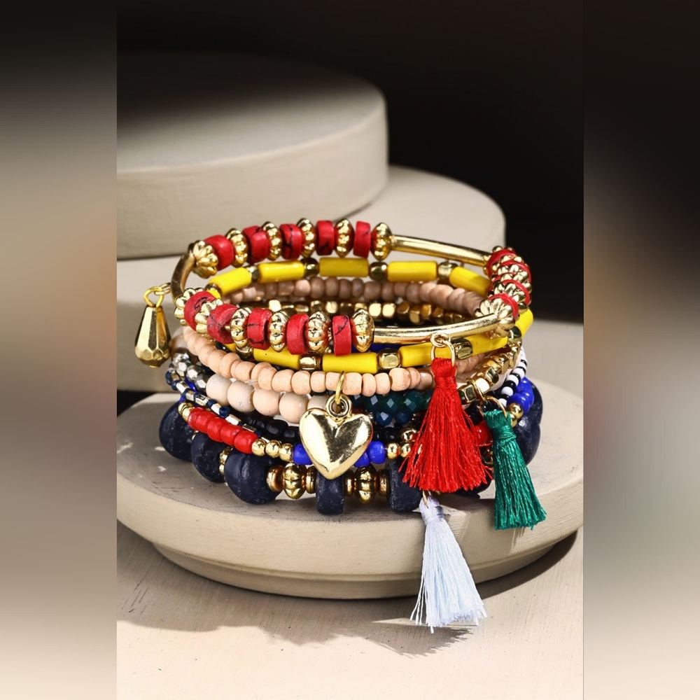 Colorful Bohemian Multi Strand Stretch Bracelet w Golden Heart Charm & Tassels - Picture 4 of 4